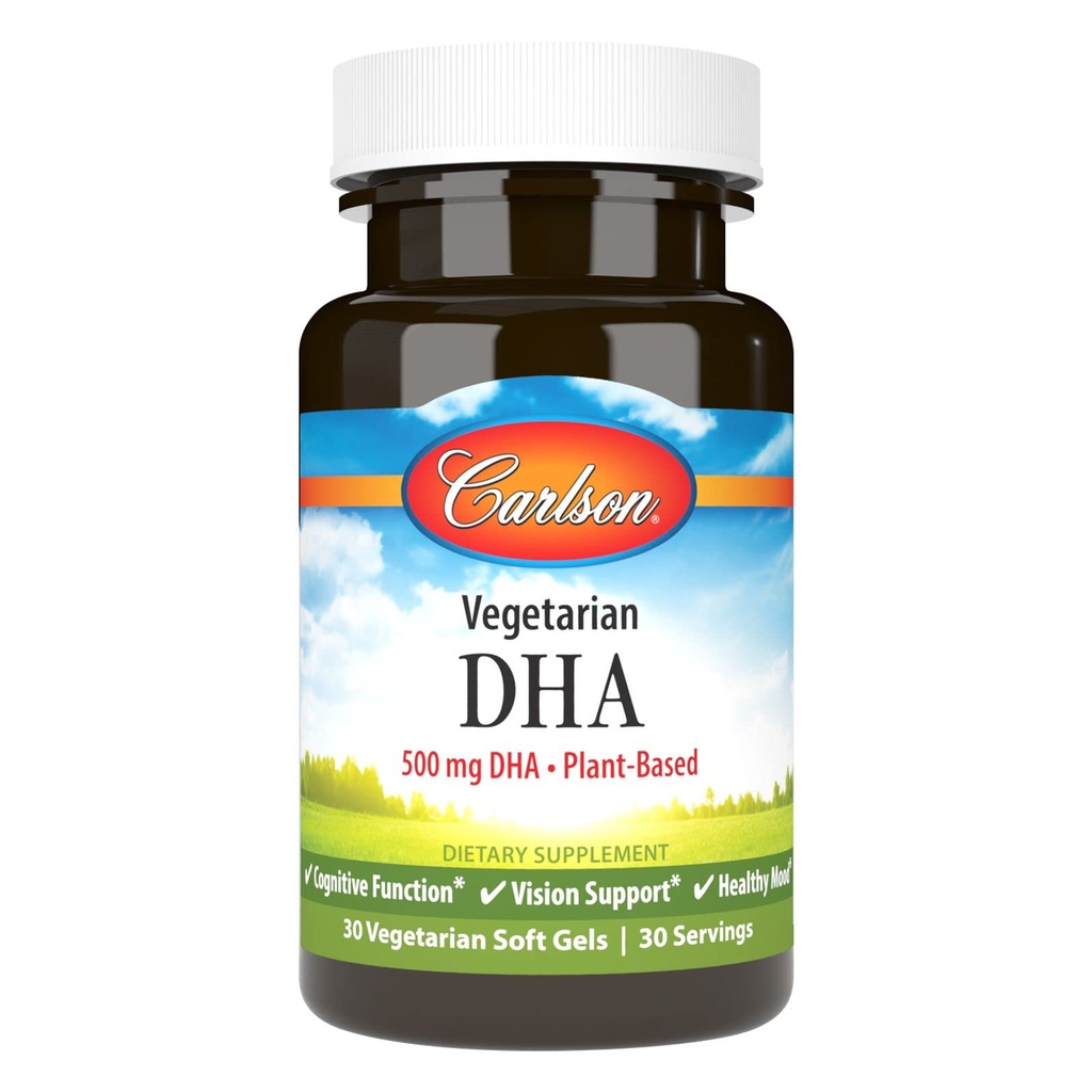 Carlson - Vegetarian DHA, 500 mg DHA, Plant Based, Sustainable Sourced from Algae, Brain Support, Mood Health, 30 Softgels