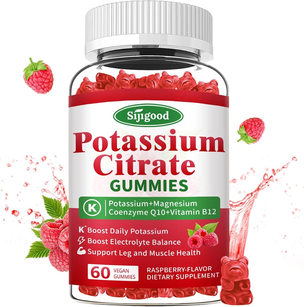 Gummy z cytrynianem potasu - Suplement potasu dla zdrowia mięśni, Leg Cramp Relief & Elektrolite Balance, Wegan, Non-GMO, Gluten- Free, Malina Flavor, 60 Count