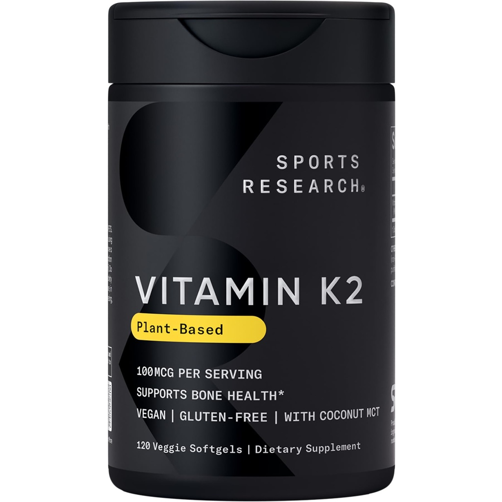 Sport Badania Witamina K2 jako MK- 7 100mcg z oleju kokosowego MCT - 120 Veggie Softgels (4 Miesiące dostaw) Wegan Certified, Non-GMO Verified, Gluten & Soy Free