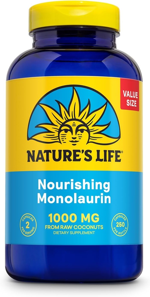 Nature 's Life Monolaurin 1000 mg, Nourishing Monolaurin from Natural Raw Coconut, Suplement wsparcia immunologicznego, Gut Health, Balanced Gut Flora, 60- Day Guarantee, 125 Służenie, 250 Kapsułki wegetariańskie