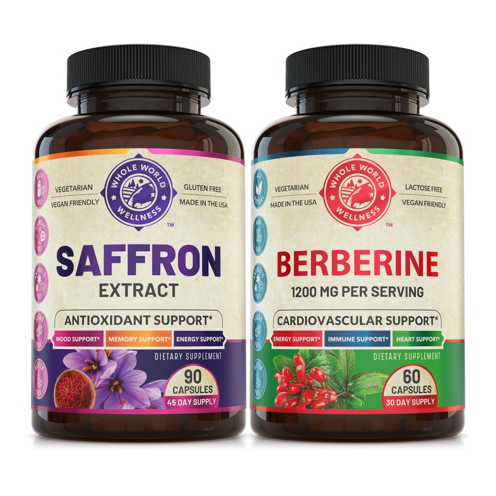 Pure Saffron Extract & Premium Berberine Bundle (Każda butelka). Wspiera nastrój, energię, funkcje metaboliczne. USA Made.