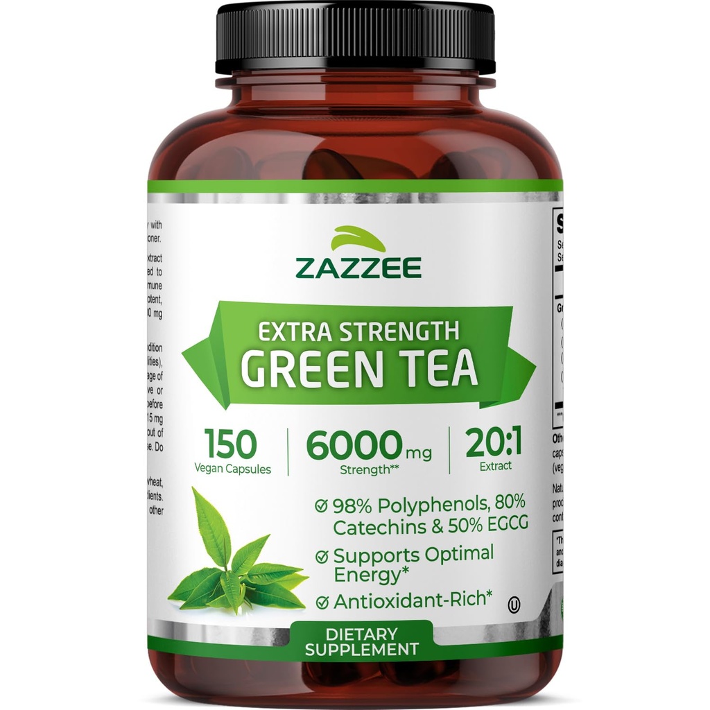 Zazzee Ekstra Siła Zielona Herbata 20: 1 Ekstrakt, 6000 mg Moc, 50% EGCG, 98% Polifenole i 80% Catcehins, 150 Kapsułki wegańskie, 5 Miesiąc dostaw, Standaryzowane i skoncentrowane 20X Moc, Non-GMO