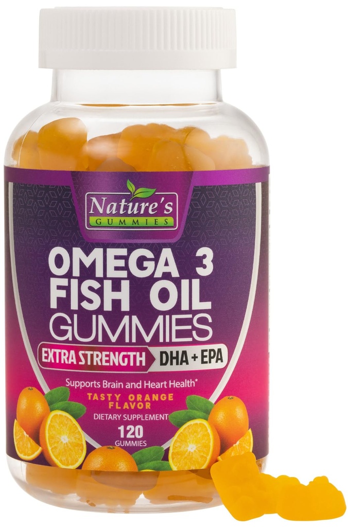 Omega 3 Fish Oil Gummies, Heart Healthy Omega 3 Gummy Suplement z wysoką absorpcją DHA & EPA, Extra Siła Joint & Wsparcie Mózgu, Pyszne Pomarańczowy Flavor Fish Oil Nature 's Witamina - 120 Gummies