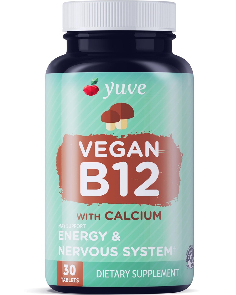 Yuve Vegan B12 z wapniem do maksymalnej Absorbcji - Active Energy & Central Nerwowy Wsparcie - 1000mcg Kobalamina Witamina B 12 - Naturalne, Non-GMO, Gluten- Free, Cugar- Free 30 Tabs