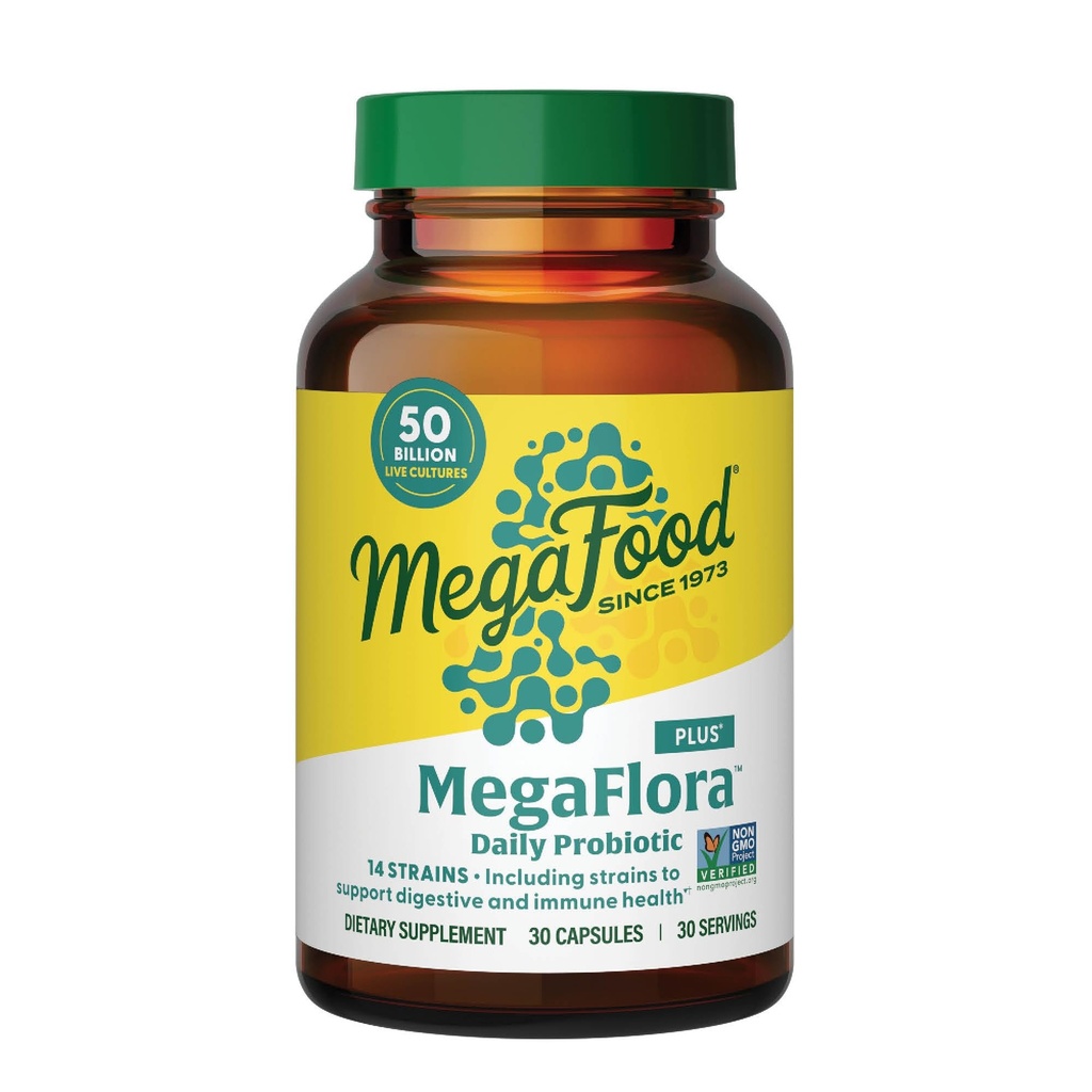 MegaFood MegaFlora Probiotic Plus - Probiotyki dla Kobiet i Mężczyzn Digestive Health- 50 Miliard CFU & 14 Szczepów - Suplement wsparcia immunologicznego - Wegetarianin - 30 Kapsułki