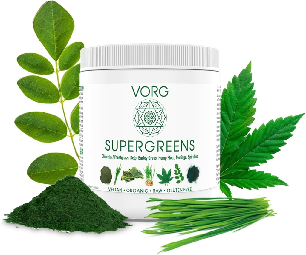VORG SuperGreens - # 1 Zielony Superfood Proszek z Chlorella, Barley Grass, Moringa, Kelp, Spirulina, Wheatgrass - 100% Organic - Probiotyki, Fiber & Enzymy (1 Tydzień dostaw)