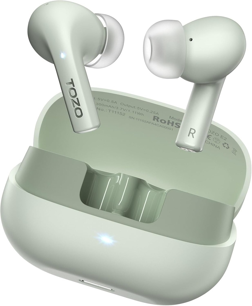 TOZO E2 Wireless Earbuds with 2 Mics AI Call Noise Cancellation, 10 mm Sterowniki z Powerful Bass, Aplikacja Dostosuj 32 EQs, 30H Playtime, Bluetooth 5.3 Pąki ucha, Comfort Fit in- Ear słuchawki