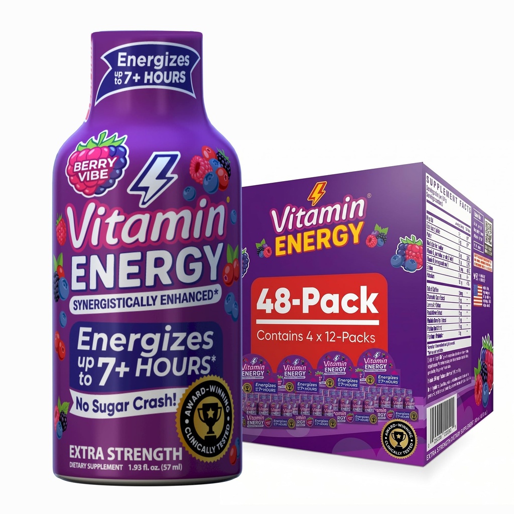 Witamina Energia Mood + Dodatkowa Moc Energy Shot Tropical Berry 48 Pack, 260mg Naturalna kofeina, B- Witaminy, Rhodiola, Rumianek, Mood & Energy Support, Zero cukru, Gluten- Free, Wegan, 1.93 fl oz