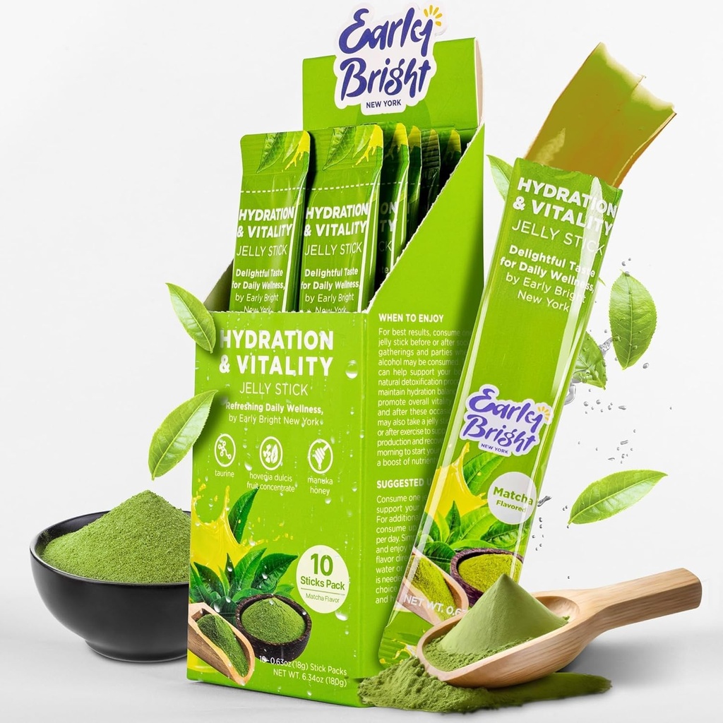 Jelly Sticks - Matcha- Flavored dla lepszego poranka po piciu, wsparcia wątroby i witalności z Tauryne & DHM, Poczuj odświeżone i energetyczne, 18gX10ea