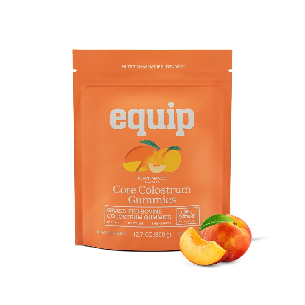 Equip Foods Core Bovine Colostrum Gummies, Delicious 1g Per Seving Grass Fed Colostrum Supplement - Gut Health, Immunitet, Recovery, Hair & Skin - 60 Gummies Colostrum Bovine, 30 Słupki, Peach Mango