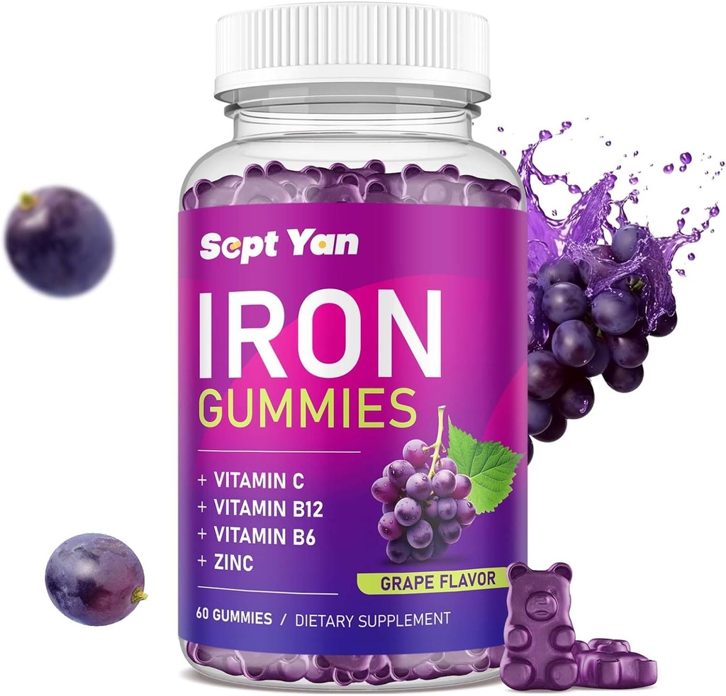Żelazne żeberka dla kobiet i dzieci - z witaminą C, B12, B6, Cynk - Blood Builder & Energy - Żelazo Suplement Gummies Wsparcie dla Blood Builder, Anemia - 60 Wegan Grape Flavor