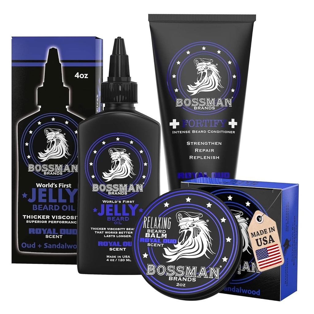 Bossman Essentials Beard Kit for Men, Zestaw 3 - Beard Oil Jelly, Fortyfikujący krem odżywczy, Beard Balm - Grooming Growth Care Akcesoria - Zestaw dla mężczyzn (Royal Oud)