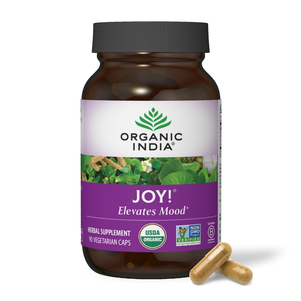 ORGANIC INDIA Joy Herbal Supplement - Wsparcie immunologiczne, Promotes Memory & Concentration, Wegan, Gluten- Free, Kosher, USDA Certified Organic, Non-GMO, Calming - 90 kapsułki