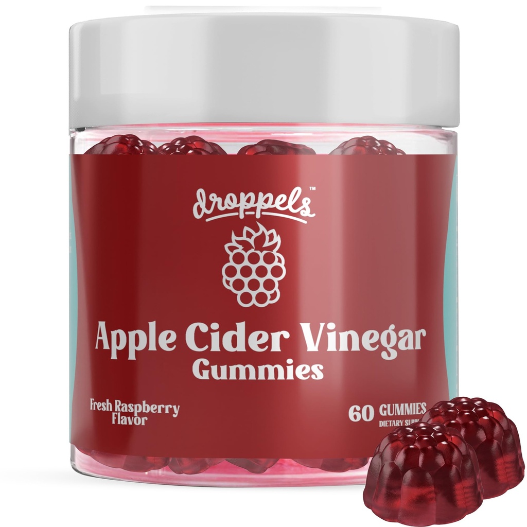 Droppels Jabłko Cydr Gummies ocet 1000mg z buraka root & poegranat 124; Non-GMO, Vegan- Friendly, Gluten wolny 124; Wspiera trawienie, Metabolizm, Energia i zdrowie immunologiczne 124; Smak malinowy