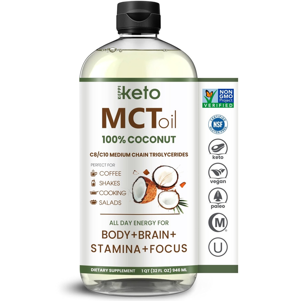 Keppi MCT Olej - Od 100% Kokosy - Flavorless C8 i C10, Non-GMO, Certified gluten- Free, Palm Oil Free, Wegan, Kosher, Halal, 32 oz Olej kokosowy