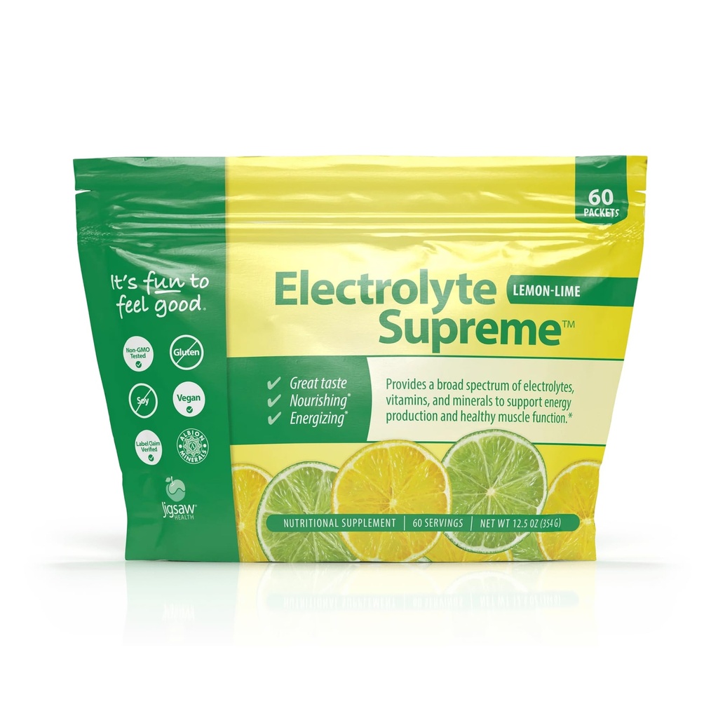 Jigsaw Zdrowie Elektrolity Najwyższe 124; Szerokie spektrum elektrolitów + Ślad minerałów 124; Lemon-Lime Flavor 124; 60 Słupki (Pakiety)