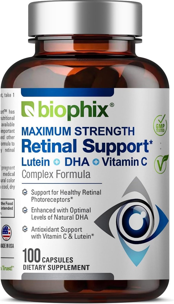 Biophix Wsparcie siatkówki Maksymalna wytrzymałość Formuła 100 Kapsułki - Cynk Witamina C E Luteina DHA Omega-3 Astaksantyna Kwas hialuronowy - Pomaga Eye Vision Health