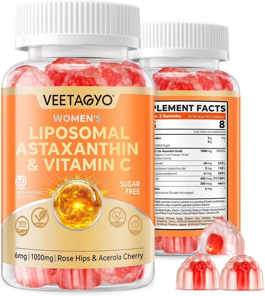 Astaksantyna Suplementy 6 mg + witamina liposomalna C 1000mg - podwójna warstwa - Niacyna B6, B12, folian, biotyna - przeciwutleniacze - Żelatyna wolna, cukier wolny, 60Cts