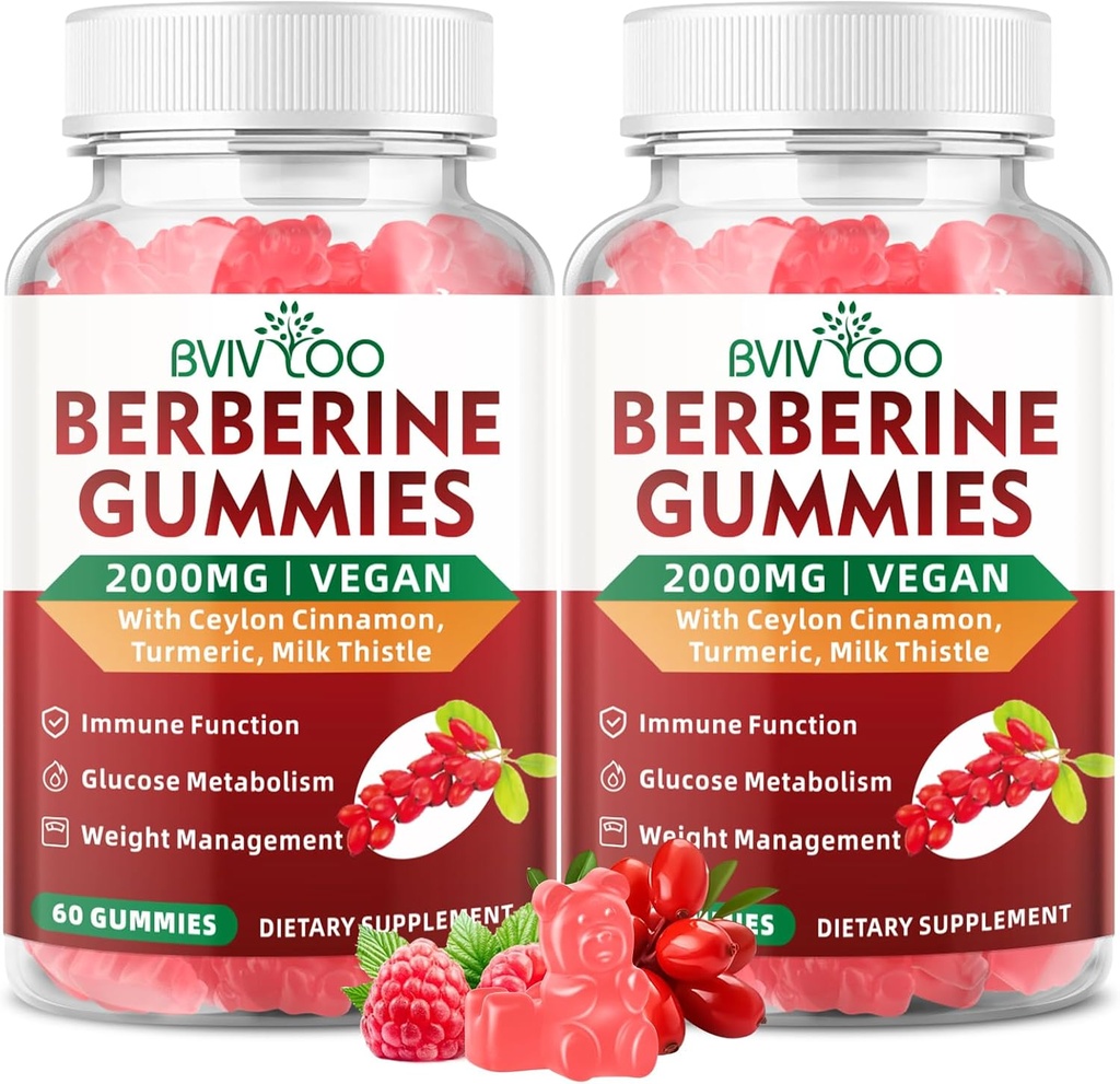 2 Pack Berberine Gummies, 2000mg High Potency Berberine HCI Supplement, Plus Ceylon Cynamon, Ostrze mleczne dla kobiet i mężczyzn, System immunologiczny i wsparcie metabolizmu - 120 Gummies