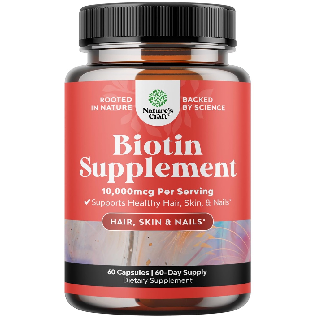 Nature Craft 10000 mcg Pure Biotin Pills for Women Men - Promotes Grubsze i Fuller Hair. Natural Supplement for Shiny Grube włosy wzrost - Wegetariańskie witaminy kapsułki - Get Clear Skóra silne paznokcie