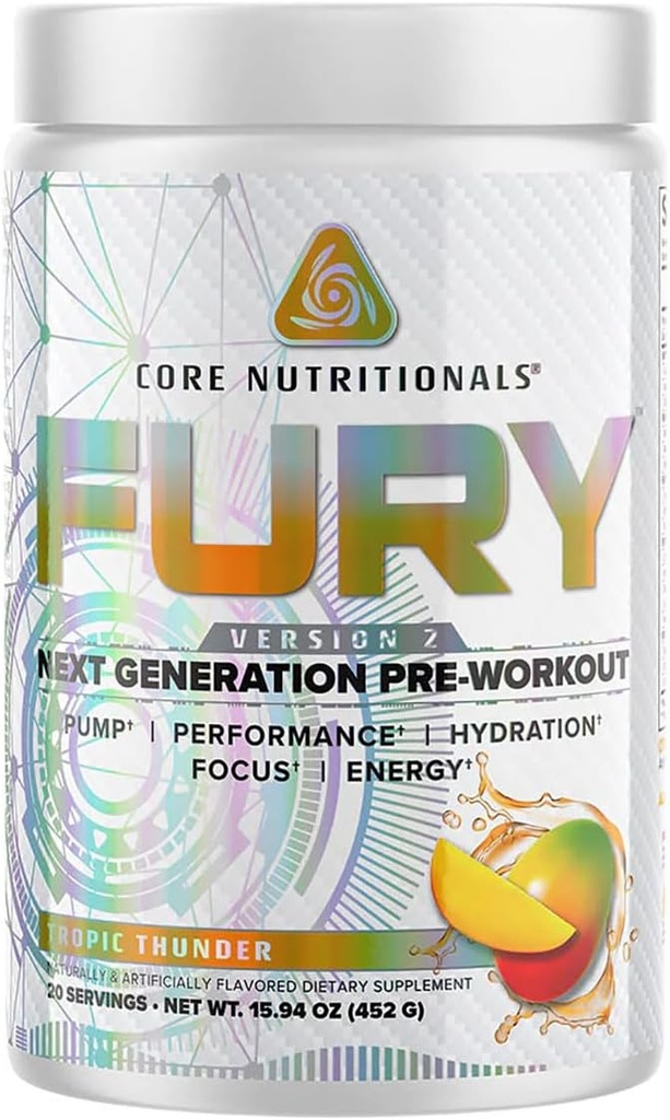 Podstawowe składniki odżywcze Fury V2: Wstępny trening proszku do maksymalizacji wydajności w siłowni W / Zum- XR ® Kofeina, L- Cytrulina i Alpha GPC (40 Scoops) (Tropic Thunder)