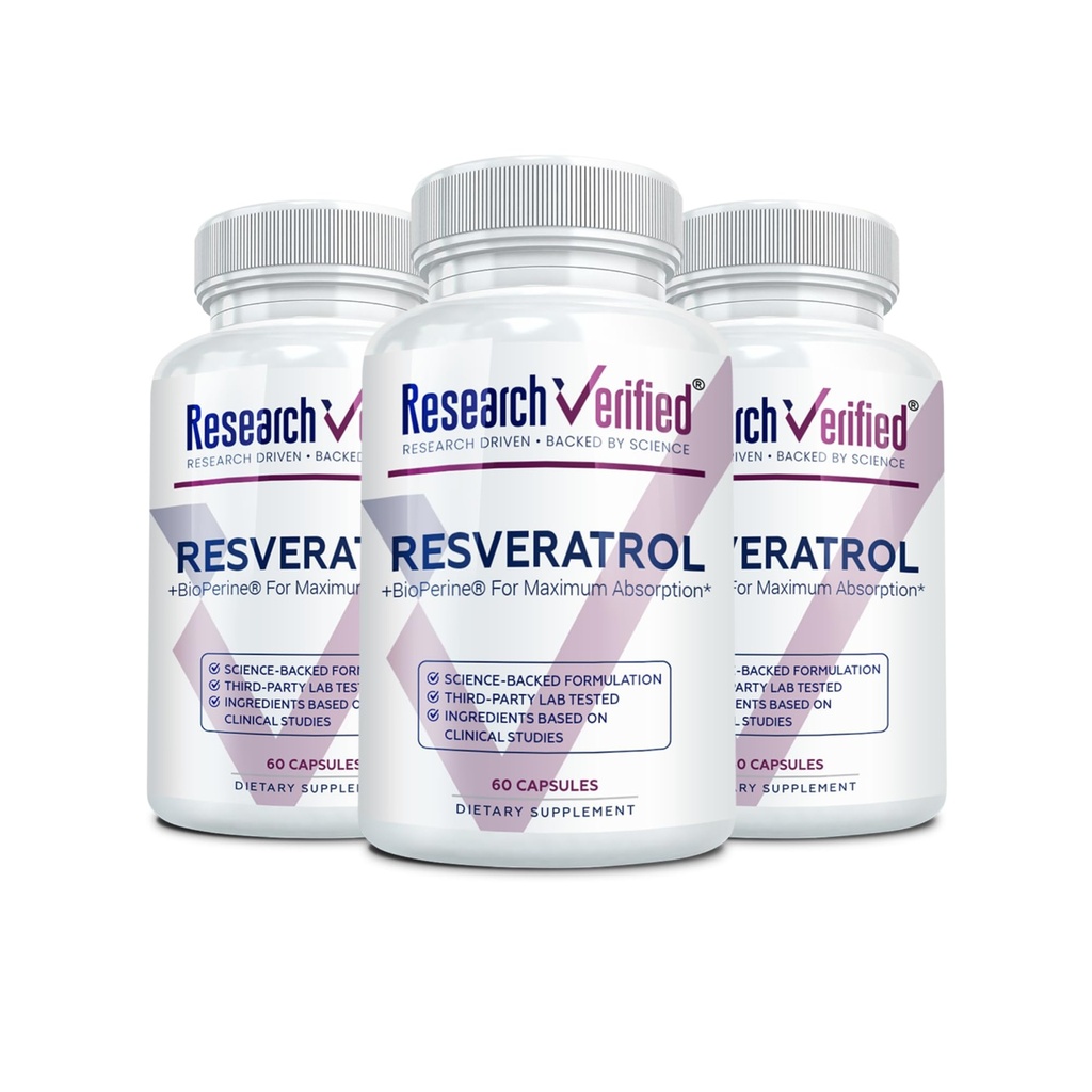 Badania zweryfikowane Resveratrol - 98% Trans- Resveratrol 1000 mg, Wsparcie przeciw starzeniu - 60 Kapsułek na butelkę - 3 Butelki