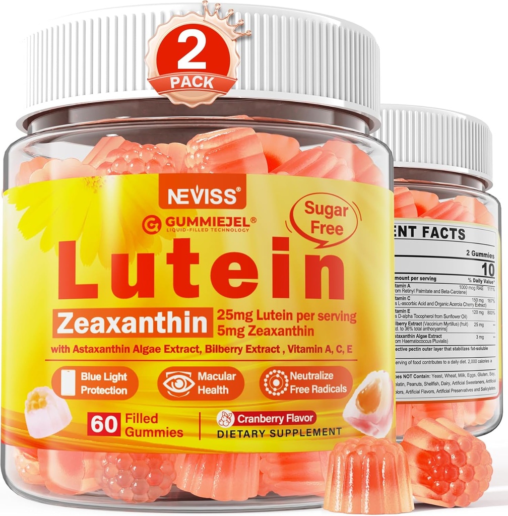 2 Opakowanie Luteina i Zeaksantyny Suplementy Gumiaki (25 mg) Witaminy A, C, E, borówka, Astaksantyna - olej kokosowy dla lepszej absorpcji - dla dorosłych i nastolatków Wizja, Oko, Mózg, Skóra - Wegan, Cukier wolny