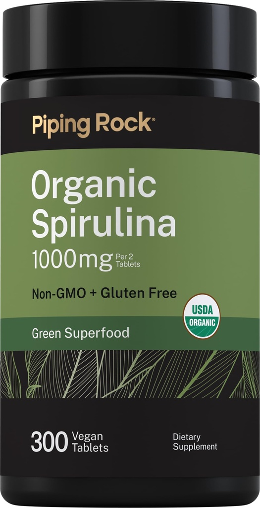 Piping Rock Organic Spirulina 124; 1000mg 124; 300 Tabletki 124; Arthrospira Platensis 124; Wegetarianin, Non-GMO, Gluten