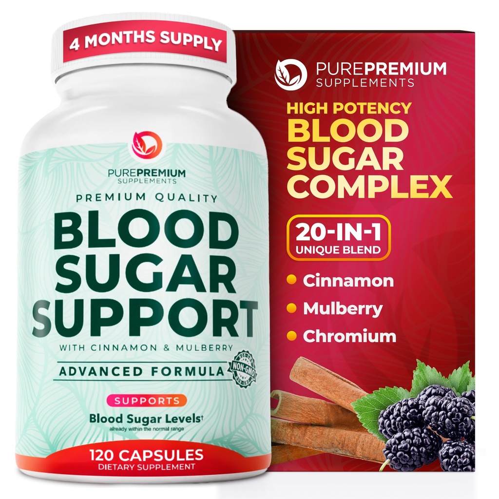 PurePremium Normal Sugar Sugar Supplement - 20 Active Ingredients Complex to Support Blood Sugar Levels Just in The Normal Range - z cynamonem, Gorzkim Melon, Chrom, Mulberry - 120ct