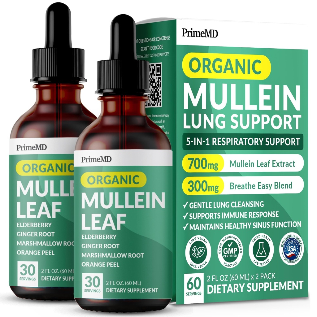 5- in-1 Mullein Drops for Lungs and Bronchial - oddechowe Lung Health Support with Mullen Leaf Extract for Lungs - Mullein Tincture with Elderberry, Echinacea and Ginger Root (60 Servings) (2-pack)