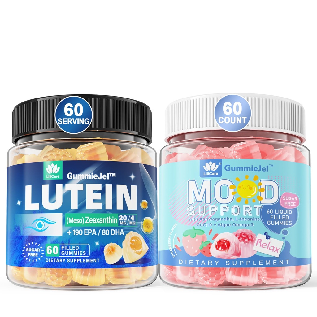 Luteina bez cukru 20 mg Zeaksantyna Napełniona Gummies + Natural Calm Napełnione Gummies dla dorosłych z Ashwagandha i Vegan Omega 3