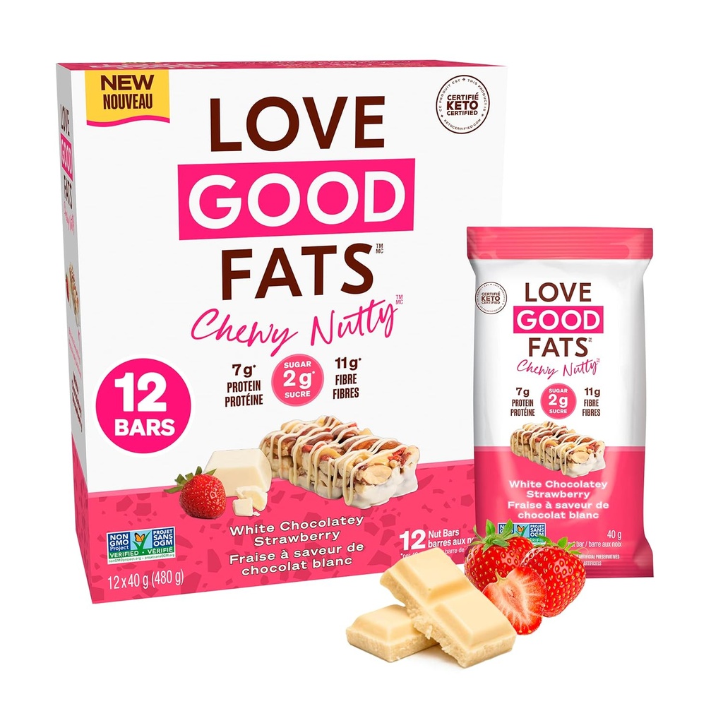 Love Good Fats Chewy Nutty White Chocolatey Truskawki Keto Bary - Przekąski z białka niskokalorycznego - 12 opakowań (1.59oz / 45g każdy bar)