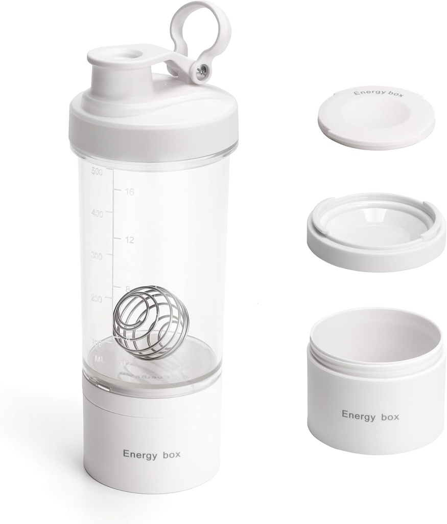 Blender Shaker Protein Tritan Butelka Tritan z pojemnikiem na tabletki / proszek do przechowywania dla białka Butelka-przed treningiem - Mikser Cup- Gym Sport Butelka wodna z wire whisky kulki biały