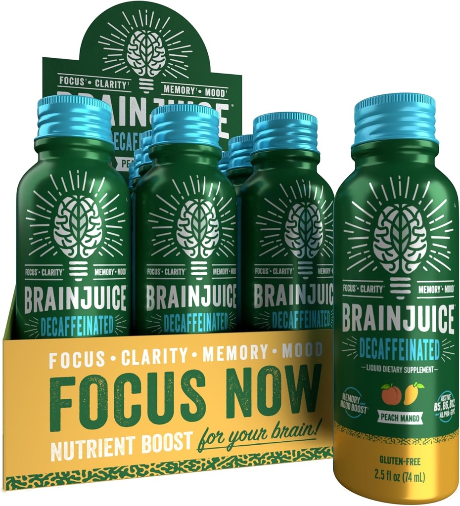Sok BrainJuice Decaf Brain Support Shot, Gluten Free Supplement Shots for Energy & Focus, Zdrowe napoje z Alpha GPC, Witamina B & Decaffeined Green Tea Leaf, Peach Mango, 2,5 fl oz, 12 Pack