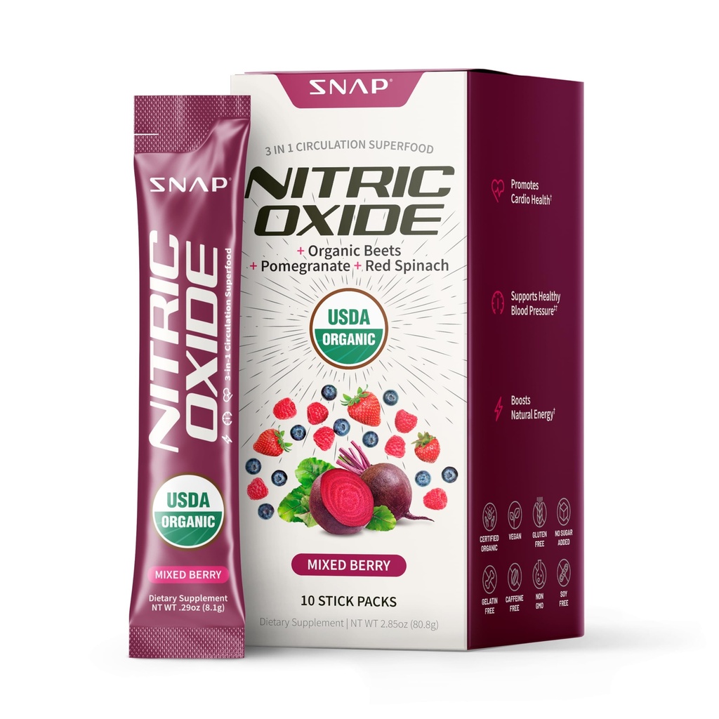 Suplementy Snap USDA Organic Beet Root Supplement tlenku azotu, Wspiera cyrkulację i zdrowe ciśnienie krwi już w normalnym zakresie, 10 jednoręcznie serwowane opakowania, Mieszane Berry