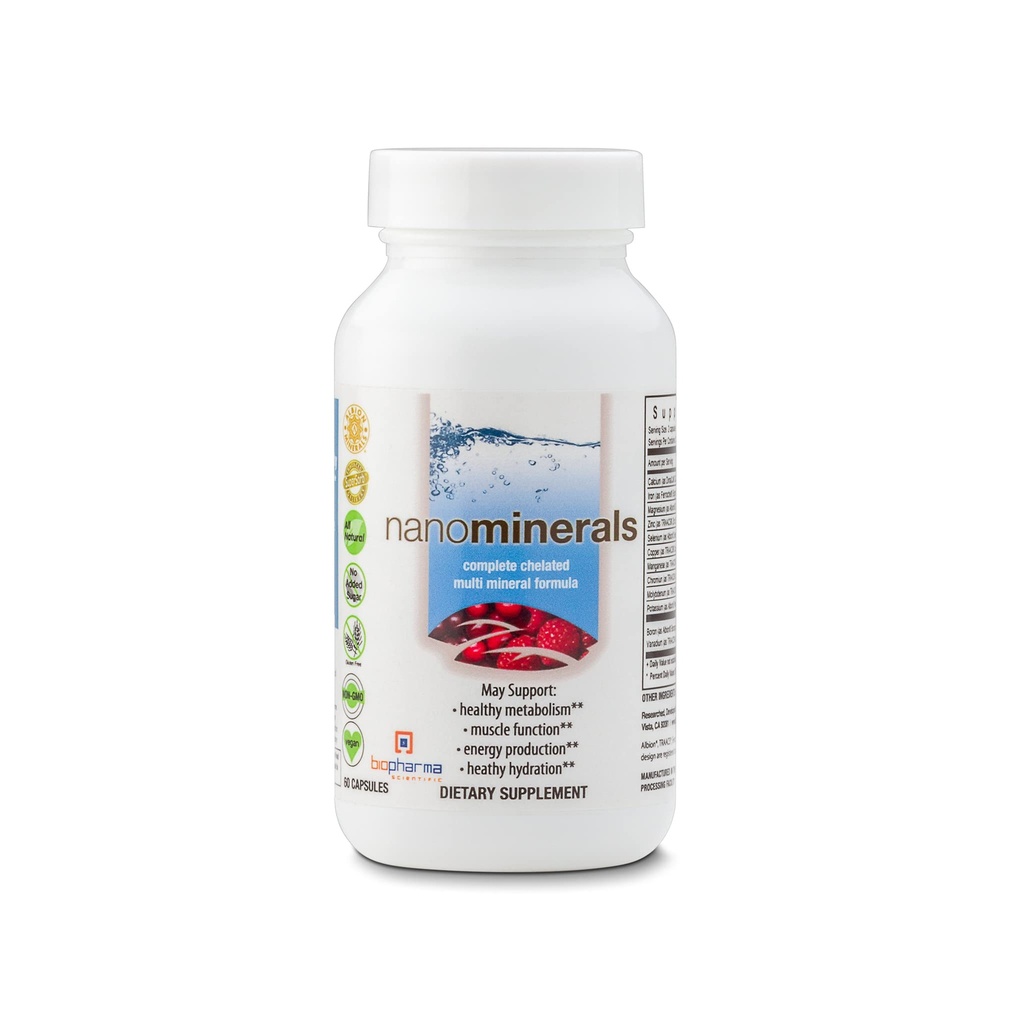 Biopharma Scientific NanoMinerals | Complete Chelated Multi-Mineral Capsules | Calcium, Magnesium, Zinc, Iron, Potassium, Copper, Chromium & More | 30 Servings