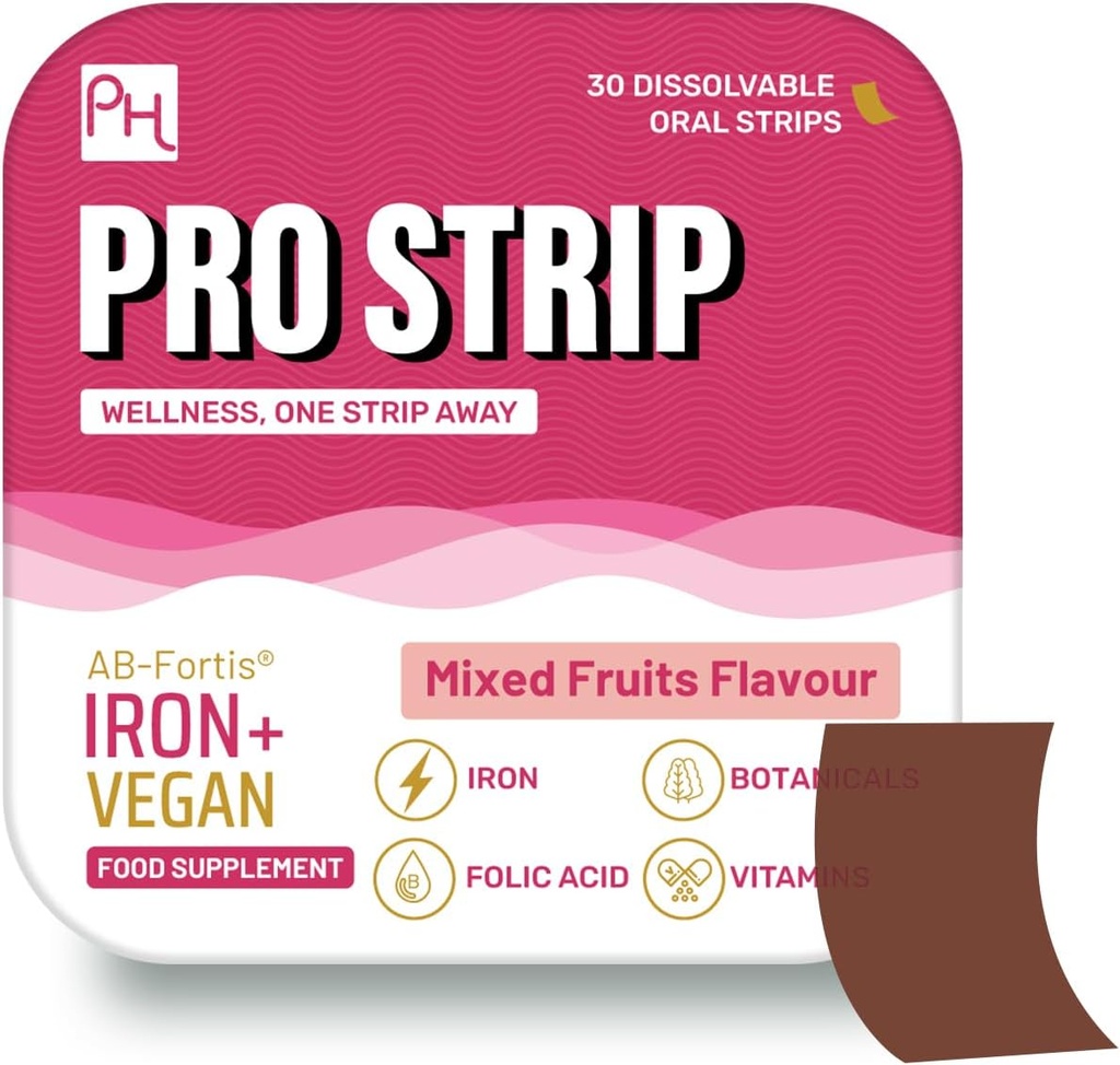 PROSTRIP ® Żelazo + AB- Fortis ® 14 mg Dodano witaminę C, B1, B2, B6, kwas foliowy, buraka cukrowego, szpinaku i tarty wiśniowej - 30 doustnych pasków wegetariańskich - brak wody - Wysoka absorpcja przez Prowise Healthcare