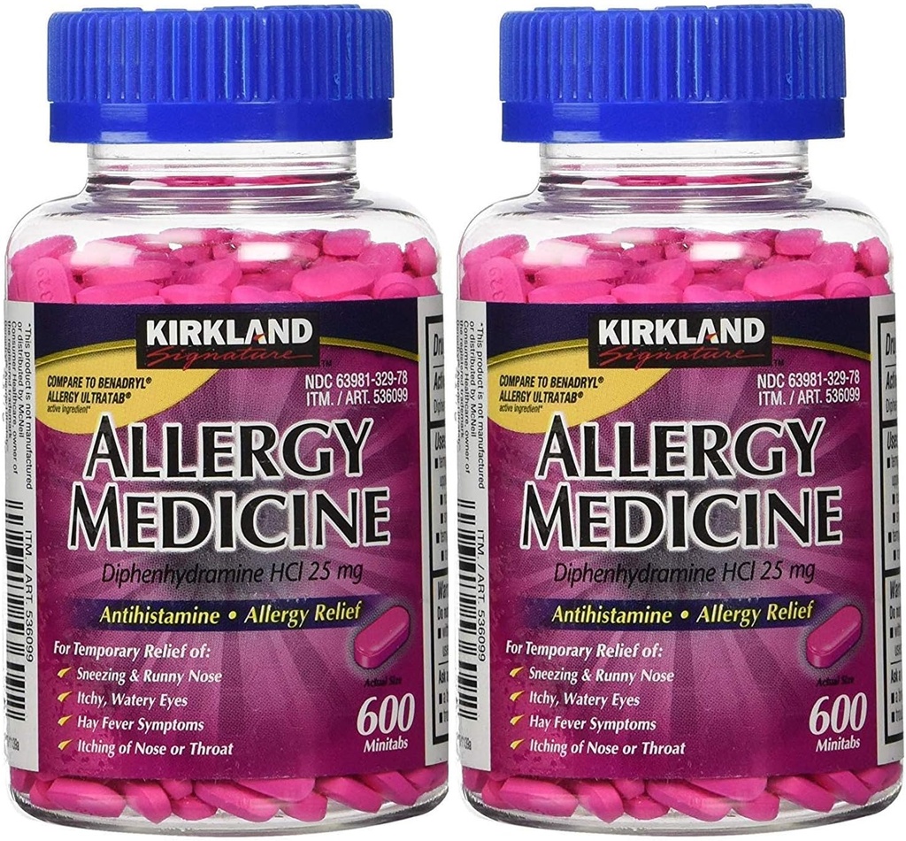 Kirkland Signature Allergy Medicine Difenhydramine HCI 25 mg - 600 Minitabs - 2 opakowania