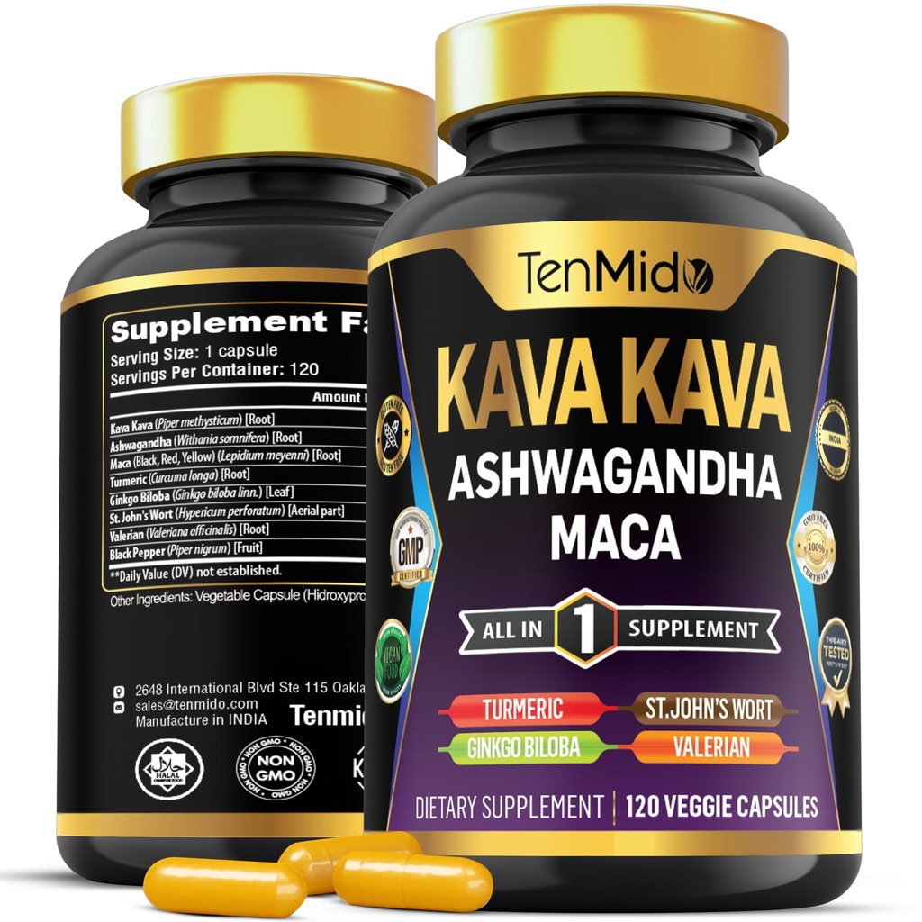 Kava Kava Root Supplement - 8in1 Formuła - Połącz z Ashwagandha, Maca, Turmeric, Ginkgo Biloba, St. John 's Wort, Valerian & Black Pepper - 120 Kapsułki Vegan, 4 miesiące dostaw