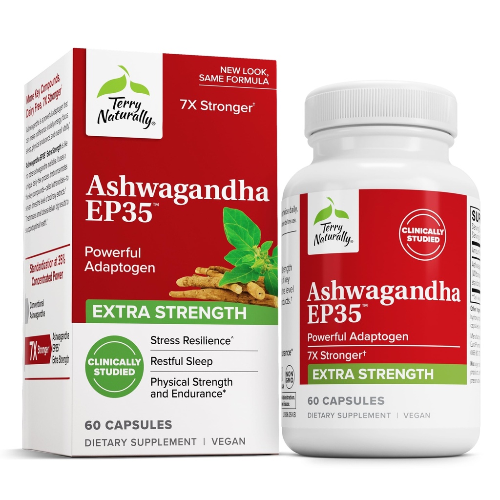 Terry Natural Ashwagandha EP35 Dodatkowa siła - Suplement ziołowy do wsparcia snu - Pomoc Zdrowy Stress Response - Endurance & Wsparcie energetyczne - 60 Kapsułki (60 Służenie)