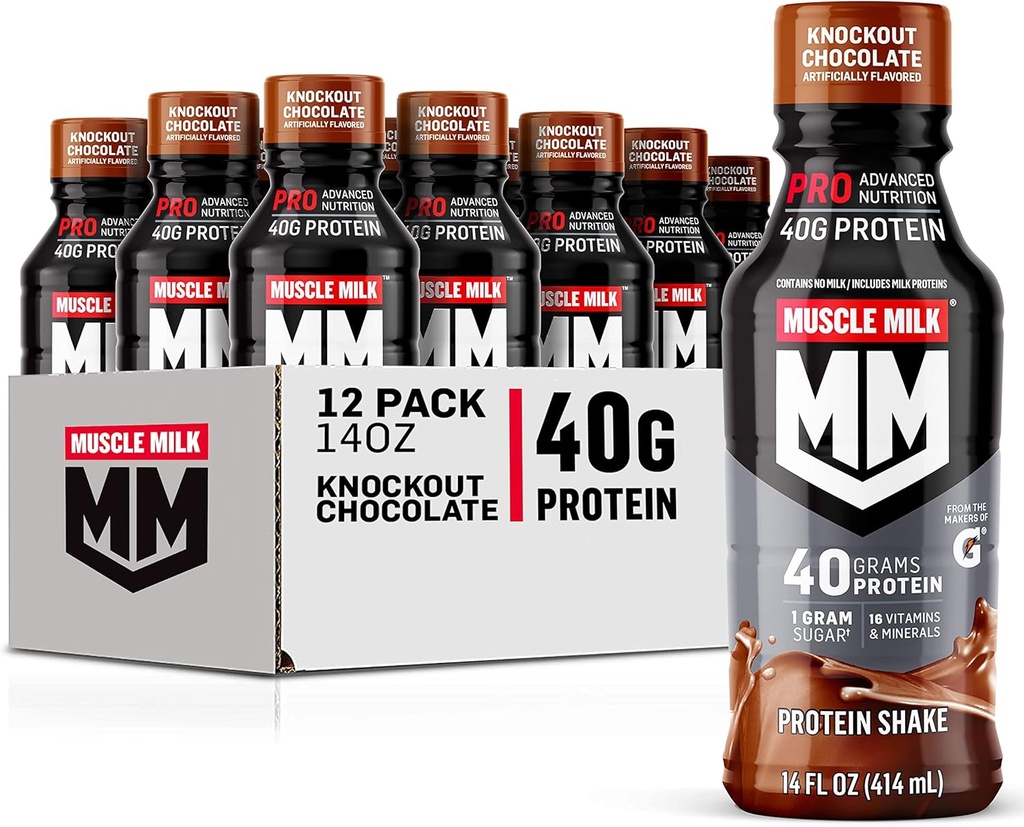 Muscle Milk Pro Advanced Nutrition Protein Shake, Knockout Chocolate, 14 Fl Oz Bottle, 12 Pack, 40g Protein, 1 g Sugar, 16 Vitamin & Minerals, 6g Fiber, Trecout Recovery, Packaging May Vary