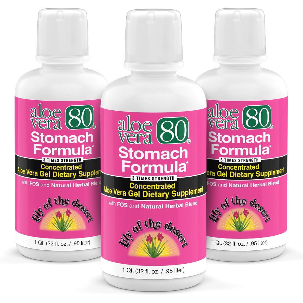 Lily Of The Desert Stomach Formuła, Aloe Vera 80 Gel - Sok Aloe Vera ze śliskim węgorzem, rumiankiem, miętą pieprzową i imbirem dla Gut Health, Heartburn, Acid Refluke, 32 Oz (Opakowanie 3)