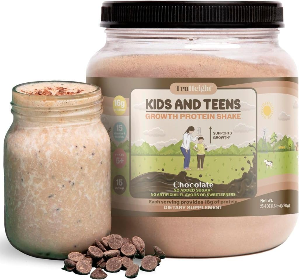 TruHeight Growth Protein Shake (Czekoladowy aromat mleka, serwatka) Naturalny wzrost i rozwój Protein Powder for Kids & Teens - Waga Drinki - Endorsed by Pediatrics, Picky Eater Witamina, Wiek 4 +