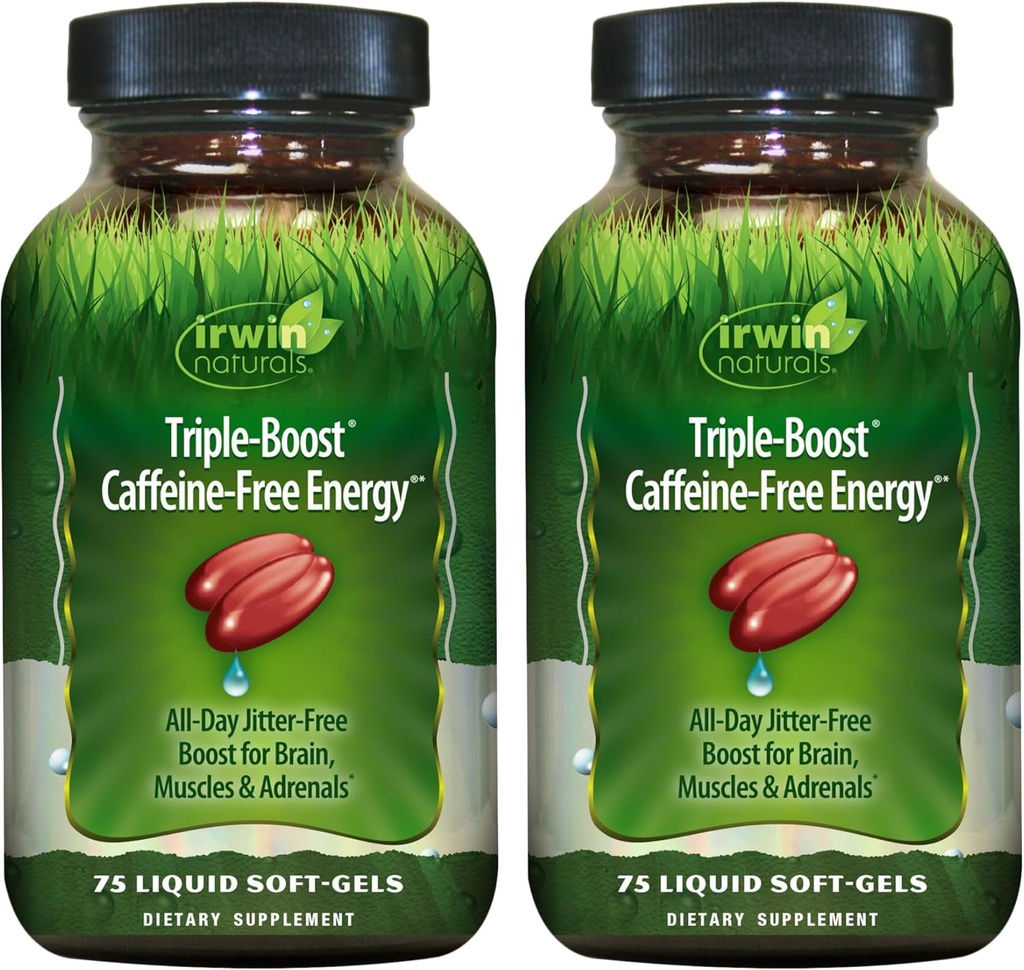 Irwin Naturals Triple- Boost Caffeine- Free Energy - 75 Płynne Soft- żele - Adaptogenetic Daily Energy Support - 2 Pack