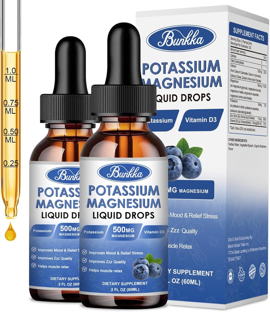 (2 opakowania) Potasu Magnezu suplement płynny z potasu, magnezu, wapnia, witaminy D3, cynku, dla dorosłych i dzieci, cukier wolny