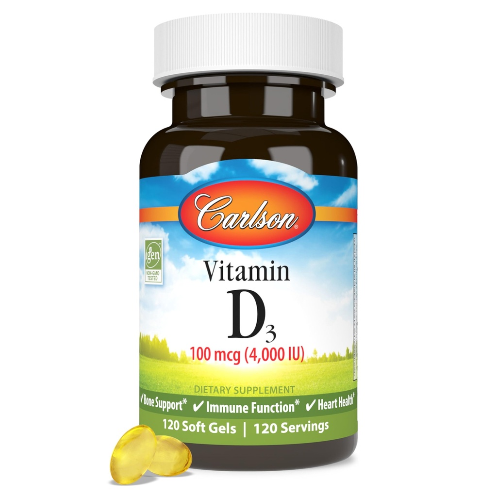 Carlson - witamina D3, 4000 j.m. (100 µg), suplementy witaminy D, zdrowie kości i odporności, suplement cholekalcyferolu, kapsułki bez glutenu Witamina D, 120 Softgels