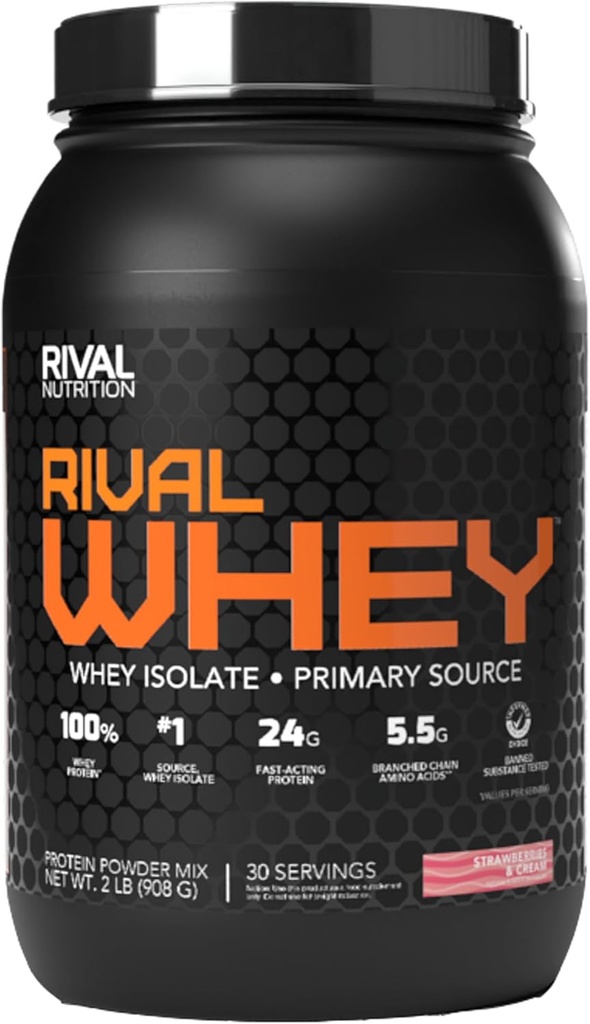 Rivalus RivalWhey - Truskawka Creme 2lb - 100% Białko serwatki, Izolat serwatki, Profil czystego żywienia, BCAA, Brak substancji zakazanych, Wyprodukowane w USA