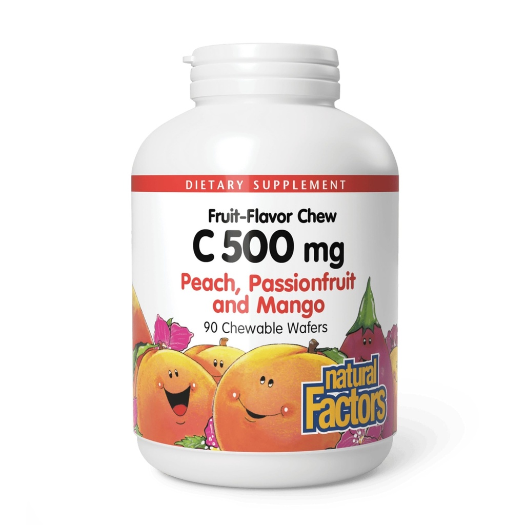 Czynniki naturalne, Witamina C 500 mg do żucia dla dzieci, Wspiera zdrowie immunologiczne, kości, zębów i kwasów, brzoskwinia, owoce męczennicy i mango, 90 Wafers