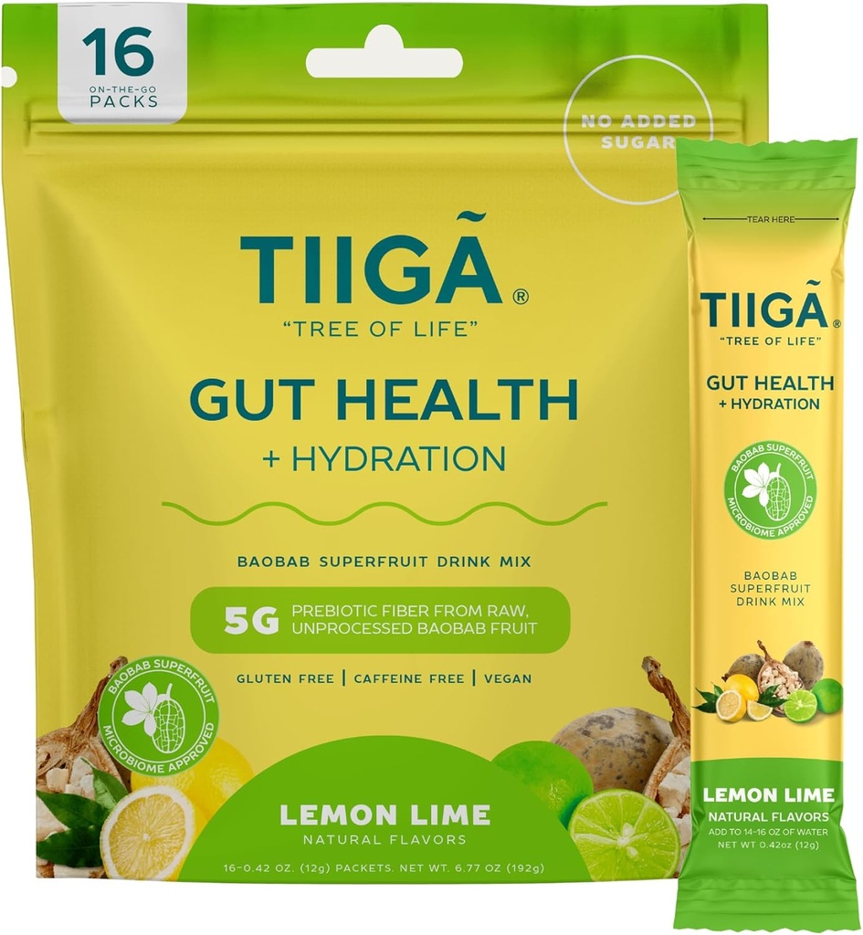 Tiiga Gut Zdrowie + Napoje nawadniające Mix - 7g Baobab, 5g Włókno prebiotyczne, Elektrolity, No Dairy, Wegan, No Added Sugar, Trawienie, Regularność, & Zaparcia - 16 Słupki