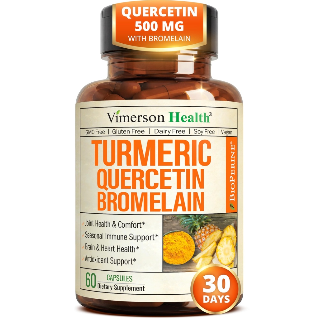 Quercetin with Bromelain Turmeric Curcumin Supplement - Ulga alergiczna, Joint & Immune Supplement - Organic Turmeric Supplement with Black Pepper (Bioperine) - 60 Quercetin 500mg kapsułki